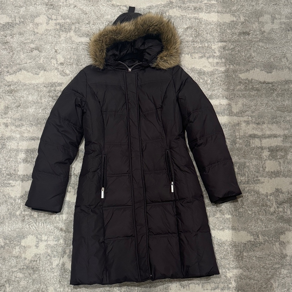 Michael Kors Brown Women's Long Puffer Coat with Faux Fur Hood